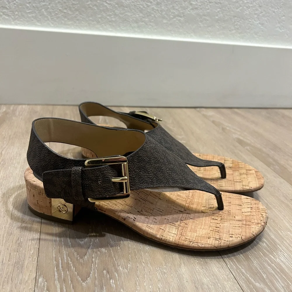 Michael Kors Brown Cork Thong Sandals with Gold Buckle
